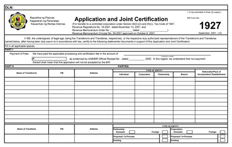 bir form 1927|Application and Joint Certification 1927 .